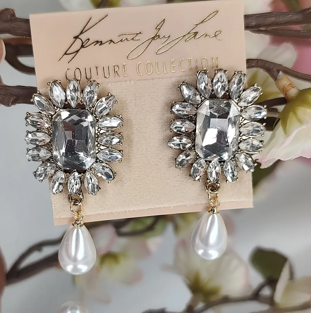 KENNETH JAY LANE Crystal Pearl Drop Earrings Cocktail Bridal Prom Pageant - Picture 10 of 11